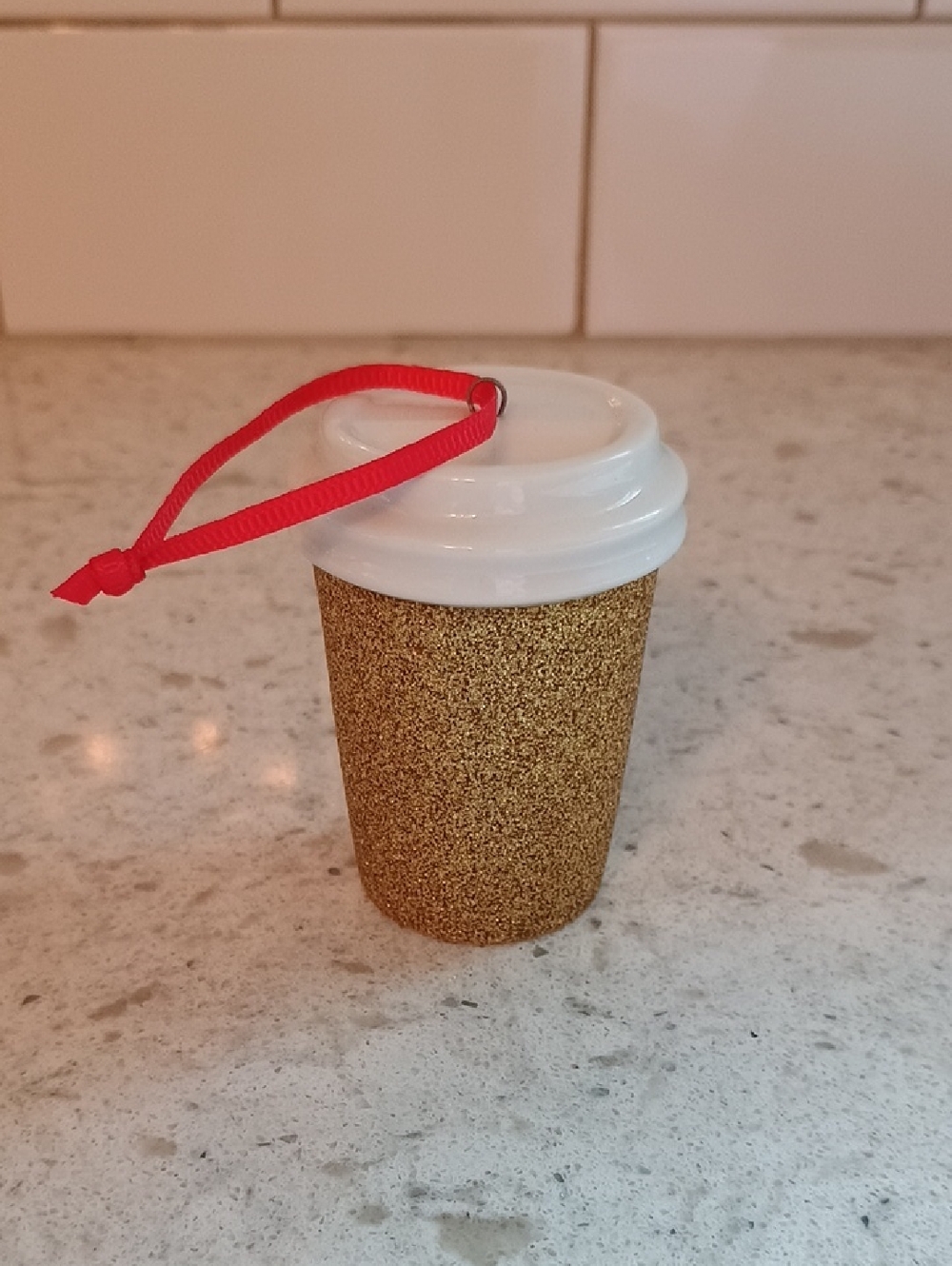 Starbucks Holiday 2018 Gold and White Mini Cup Ornament with Red Ribbonh